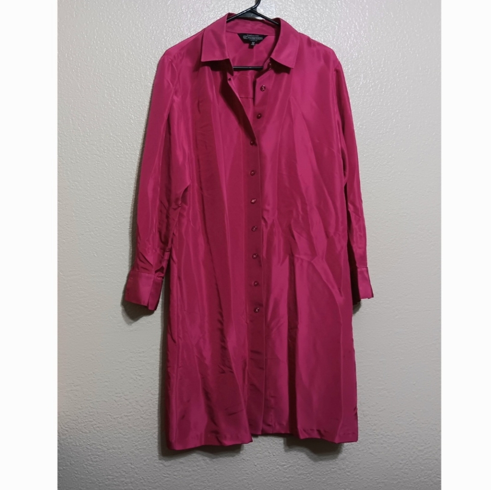 J Peterman Red 100% Silk Button Front Shirt Dress